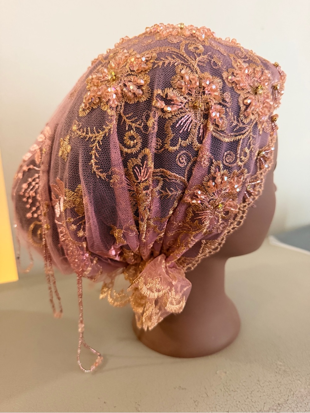 Embellished Rose Gold Lace Headscarf